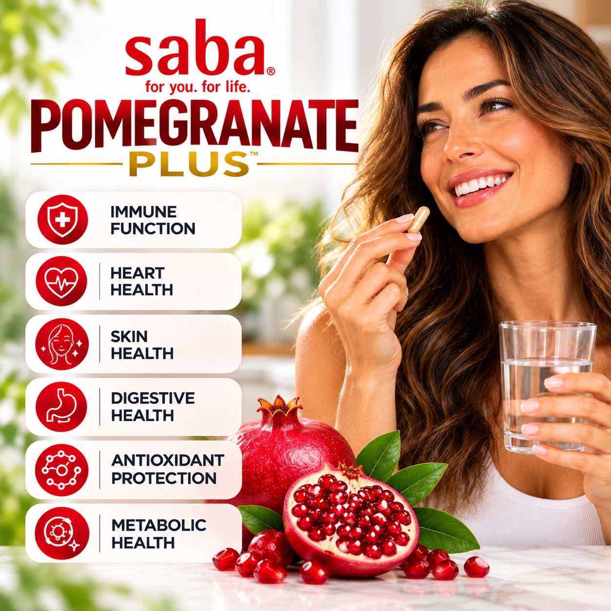 Saba Pomegranate Plus lifestyle image highlighting immune, heart, skin, digestive, antioxidant and metabolic health
